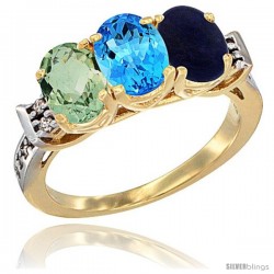 10K Yellow Gold Natural Green Amethyst, Swiss Blue Topaz & Lapis Ring 3-Stone Oval 7x5 mm Diamond Accent