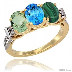 10K Yellow Gold Natural Green Amethyst, Swiss Blue Topaz & Malachite Ring 3-Stone Oval 7x5 mm Diamond Accent