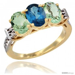 10K Yellow Gold Natural London Blue Topaz & Green Amethyst Sides Ring 3-Stone Oval 7x5 mm Diamond Accent