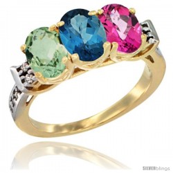 10K Yellow Gold Natural Green Amethyst, London Blue Topaz & Pink Topaz Ring 3-Stone Oval 7x5 mm Diamond Accent