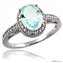 Sterling Silver Diamond Vintage Style Oval Aquamarine Stone Ring Rhodium Finish, 8x6 mm Oval Cut Gemstone