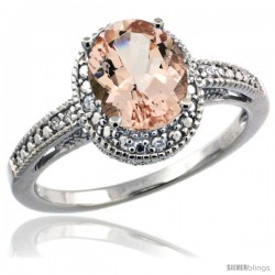 Sterling Silver Diamond Vintage Style Oval Morganite Stone Ring Rhodium Finish, 8x6 mm Oval Cut Gemstone