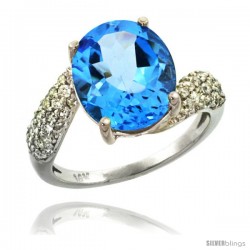 14k White Gold Natural Swiss Blue Topaz Ring 12x10 mm Oval Shape Diamond Halo, 1/2inch wide