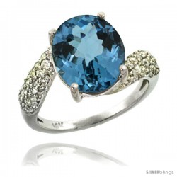 14k White Gold Natural London Blue Topaz Ring 12x10 mm Oval Shape Diamond Halo, 1/2inch wide