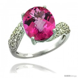 14k White Gold Natural Pink Topaz Ring 12x10 mm Oval Shape Diamond Halo, 1/2inch wide