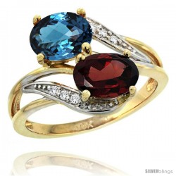 14k Gold ( 8x6 mm ) Double Stone Engagement London Blue Topaz & Garnet Ring w/ 0.07 Carat Brilliant Cut Diamonds & 2.34 Carats