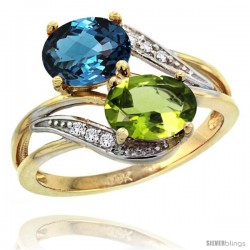 14k Gold ( 8x6 mm ) Double Stone Engagement London Blue Topaz & Peridot Ring w/ 0.07 Carat Brilliant Cut Diamonds & 2.34 Carats