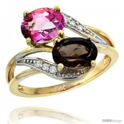 14k Gold ( 8x6 mm ) Double Stone Engagement Pink & Smoky Topaz Ring w/ 0.07 Carat Brilliant Cut Diamonds & 2.34 Carats Oval Cut