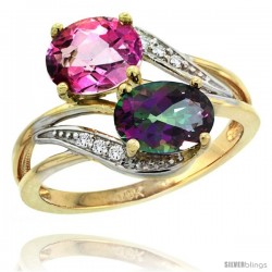 14k Gold ( 8x6 mm ) Double Stone Engagement Pink & Mystic Topaz Ring w/ 0.07 Carat Brilliant Cut Diamonds & 2.34 Carats Oval