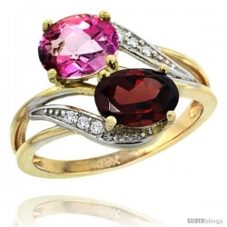 14k Gold ( 8x6 mm ) Double Stone Engagement Pink Topaz & Garnet Ring w/ 0.07 Carat Brilliant Cut Diamonds & 2.34 Carats Oval