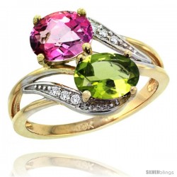 14k Gold ( 8x6 mm ) Double Stone Engagement Pink Topaz & Peridot Ring w/ 0.07 Carat Brilliant Cut Diamonds & 2.34 Carats Oval