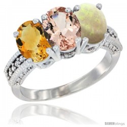 14K White Gold Natural Citrine, Morganite & Opal Ring 3-Stone 7x5 mm Oval Diamond Accent