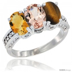 14K White Gold Natural Citrine, Morganite & Tiger Eye Ring 3-Stone 7x5 mm Oval Diamond Accent