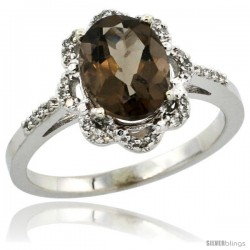 10k White Gold Diamond Halo Smoky Topaz Ring 1.65 Carat Oval Shape 9X7 mm, 7/16 in (11mm) wide