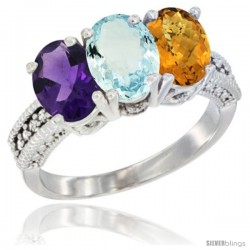 14K White Gold Natural Amethyst, Aquamarine & Whisky Quartz Ring 3-Stone 7x5 mm Oval Diamond Accent