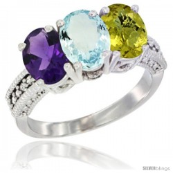 14K White Gold Natural Amethyst, Aquamarine & Lemon Quartz Ring 3-Stone 7x5 mm Oval Diamond Accent