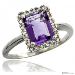 14k White Gold Diamond Amethyst Ring 1.6 ct Emerald Shape 8x6 mm, 1/2 in wide