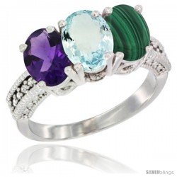 14K White Gold Natural Amethyst, Aquamarine & Malachite Ring 3-Stone 7x5 mm Oval Diamond Accent