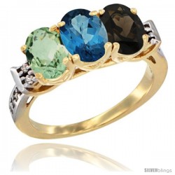 10K Yellow Gold Natural Green Amethyst, London Blue Topaz & Smoky Topaz Ring 3-Stone Oval 7x5 mm Diamond Accent