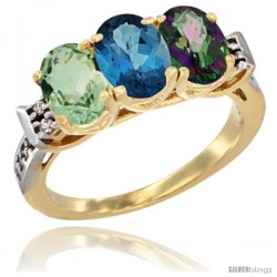 10K Yellow Gold Natural Green Amethyst, London Blue Topaz & Mystic Topaz Ring 3-Stone Oval 7x5 mm Diamond Accent