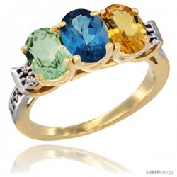 10K Yellow Gold Natural Green Amethyst, London Blue Topaz & Citrine Ring 3-Stone Oval 7x5 mm Diamond Accent