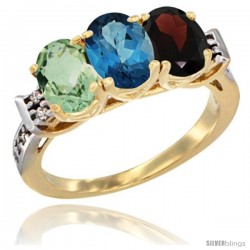 10K Yellow Gold Natural Green Amethyst, London Blue Topaz & Garnet Ring 3-Stone Oval 7x5 mm Diamond Accent