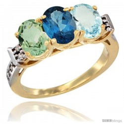 10K Yellow Gold Natural Green Amethyst, London Blue Topaz & Aquamarine Ring 3-Stone Oval 7x5 mm Diamond Accent