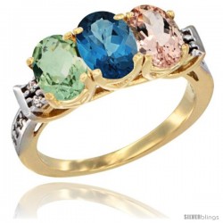 10K Yellow Gold Natural Green Amethyst, London Blue Topaz & Morganite Ring 3-Stone Oval 7x5 mm Diamond Accent