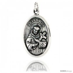 Sterling Silver St. Francis Medal Pendant 15/16" X 5/8" (24 mm X 16 mm).