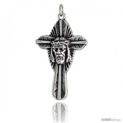 Sterling Silver Jesus Crowned w/ Thorns Cross Pendant, 1 9/16" (40 mm) tall