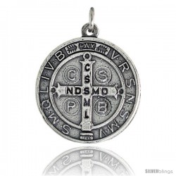 Sterling Silver St. Benedict Round-shaped Medal Pendant, 1 1/16" (26 mm) tall
