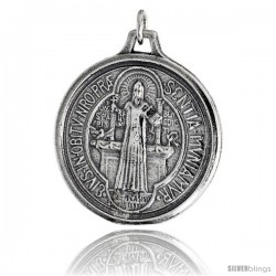 Sterling Silver St. Benedict Round-shaped Medal Pendant, 1 1/4" (32 mm) tall