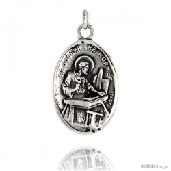 Sterling Silver St. Joseph the Worker Medal Pendant 15/16" X 5/8" (24 mm X 16 mm).