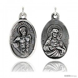 Sterling Silver St. Dismas Good Thief and Sacred Heart Medal Pendant 15/16" X 5/8" (24 mm X 16 mm).