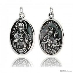 Sterling Silver Sacred Heart and Virgin of Carmel Medal Pendant 15/16" X 5/8" (24 mm X 16 mm).