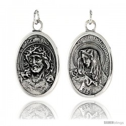 Sterling Silver Jesus with Crown of Thorns / Sorrowful Mother Medal Pendant 15/16" X 5/8" (24 mm X 16 mm).