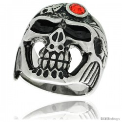 Surgical Steel Biker Skull Ring w/ Red CZ Jeweled Helmet