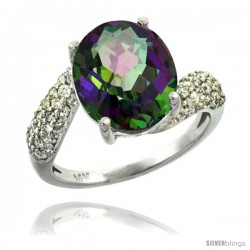 14k White Gold Natural Mystic Topaz Ring 12x10 mm Oval Shape Diamond Halo, 1/2inch wide