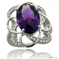 14k White Gold Natural Amethyst Floral Design Ring 13x 19 mm Oval Shape Diamond Accent, 7/8inch wide