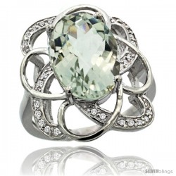 14k White Gold Natural Green amethyst Floral Design Ring 13x 19 mm Oval Shape Diamond Accent, 7/8inch wide