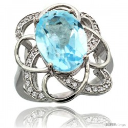 14k White Gold Sky Blue Topaz Floral Design Engagement Ring 6.20 Carats Oval Cut stone 0.09 cttw Diamonds, 7/8inch.