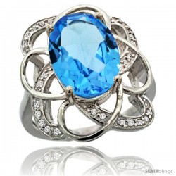 14k White Gold Natural Swiss Blue Topaz Floral Design Ring 13x 19 mm Oval Shape Diamond Accent, 7/8inch wide