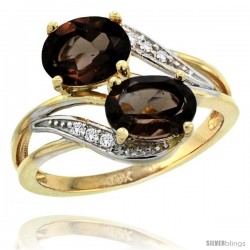 14k Gold ( 8x6 mm ) Double Stone Engagement Smoky Topaz Ring w/ 0.07 Carat Brilliant Cut Diamonds & 2.34 Carats Oval Cut