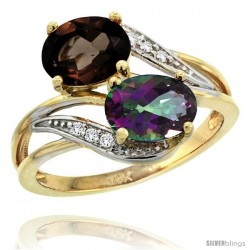 14k Gold ( 8x6 mm ) Double Stone Engagement Smoky & Mystic Topaz Ring w/ 0.07 Carat Brilliant Cut Diamonds & 2.34 Carats Oval