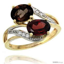 14k Gold ( 8x6 mm ) Double Stone Engagement Smoky Topaz & Garnet Ring w/ 0.07 Carat Brilliant Cut Diamonds & 2.34 Carats Oval