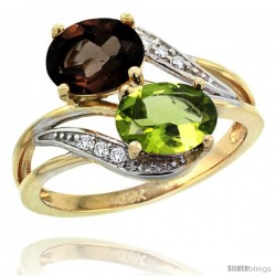 14k Gold ( 8x6 mm ) Double Stone Engagement Smoky Topaz & Peridot Ring w/ 0.07 Carat Brilliant Cut Diamonds & 2.34 Carats Oval