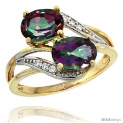 14k Gold ( 8x6 mm ) Double Stone Engagement Mystic Topaz Ring w/ 0.07 Carat Brilliant Cut Diamonds & 2.34 Carats Oval Cut