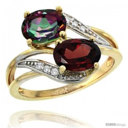 14k Gold ( 8x6 mm ) Double Stone Engagement Mystic Topaz & Garnet Ring w/ 0.07 Carat Brilliant Cut Diamonds & 2.34 Carats Oval