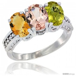 14K White Gold Natural Citrine, Morganite & Lemon Quartz Ring 3-Stone 7x5 mm Oval Diamond Accent