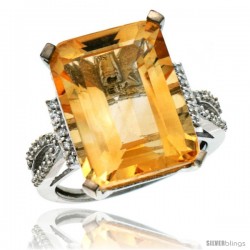 14k White Gold Diamond Citrine Ring 12 ct Emerald Shape 16x12 Stone 3/4 in wide